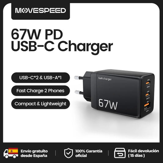 MOVESPEED 67W USB-C Charger Fast Charging 65W PD Type C PPS GaN Charger Adapter for iPhone 16 Pro MacBook Air Samsung S24 Huawei