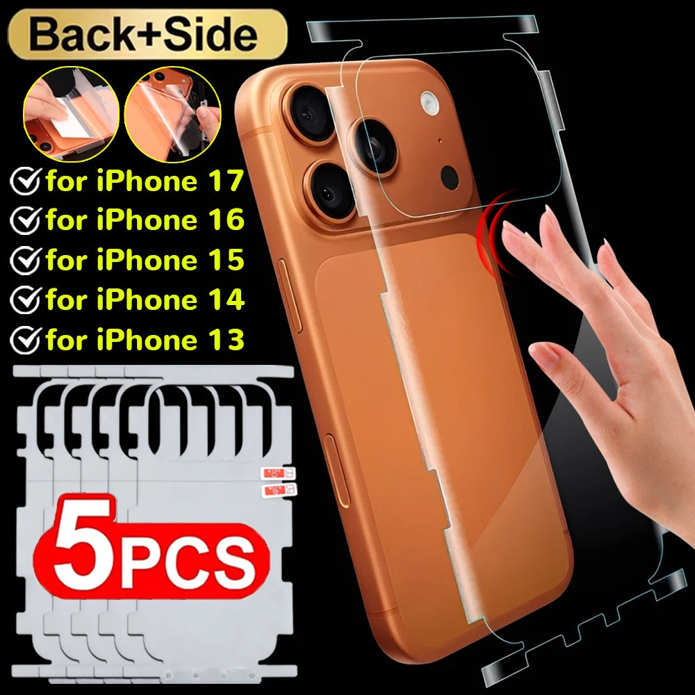 1-5PCS Full Cover Back Frame Hydrogel Film & Border Stickers for iPhone 17 16 15 14 13 ProMax 17Air Back Side HD Clear Protector