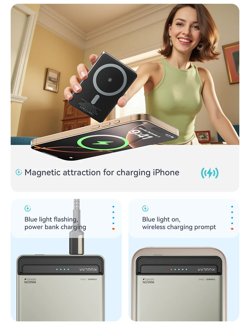 KUULAA 10000Ah Power Bank Magnetic Wireless 20W Fast Charging Portable charger For magsafe For iPhone 17 16 15 Por Max PowerBank